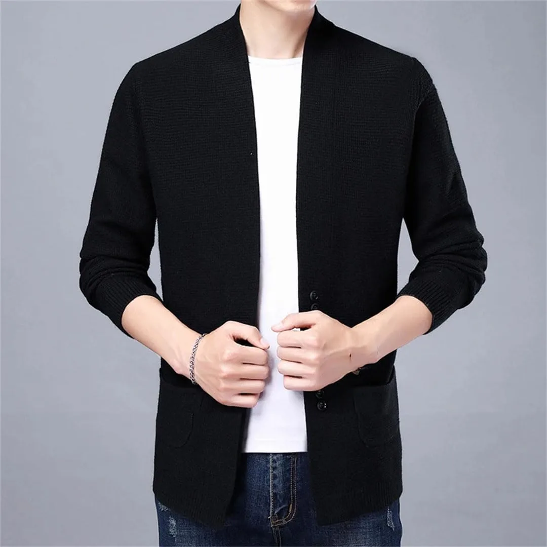 Мужской вязаный кардиган осень-зима slim fit свитер outerwear solid color V-образный вырез корейский вязаный кардиган — фото 4