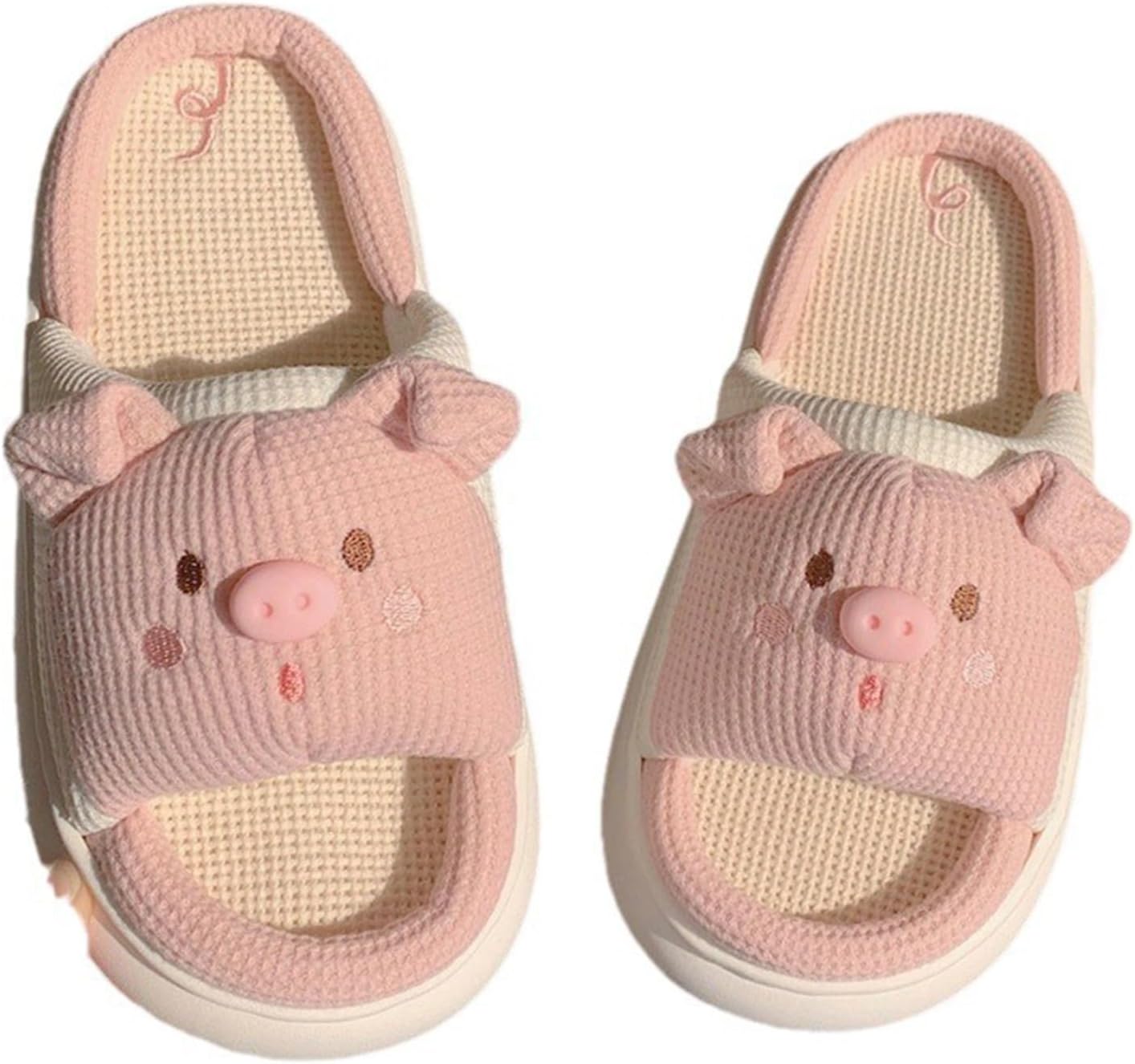 

Тапочки для женщин и мужчин в форме мультяшной свинки с открытым носком, из льна, на все сезоны, домашние, с нескользящей подошвой, дышащие, для использования дома или на улице (размер 40/41 ЕС, розовые) Znel