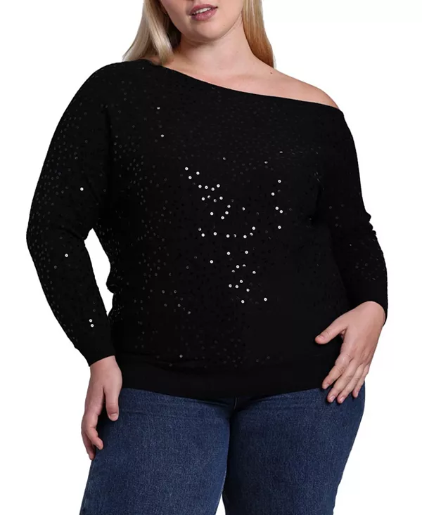 

Свитер из вискозы с пайетками, открытый плечи, большого размера. Minnie Rose, черный