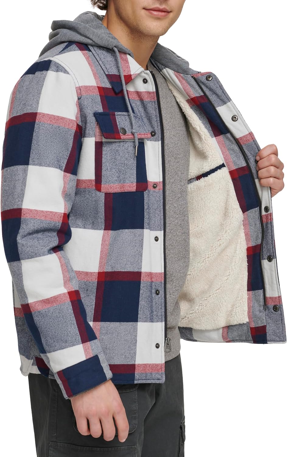 Мужская клетчатая куртка-рубашка Levi's с капюшоном и подкладкой из шерпы (стандартные размеры, большие и высокие), Navy/Red Skater Plaid — фото 4