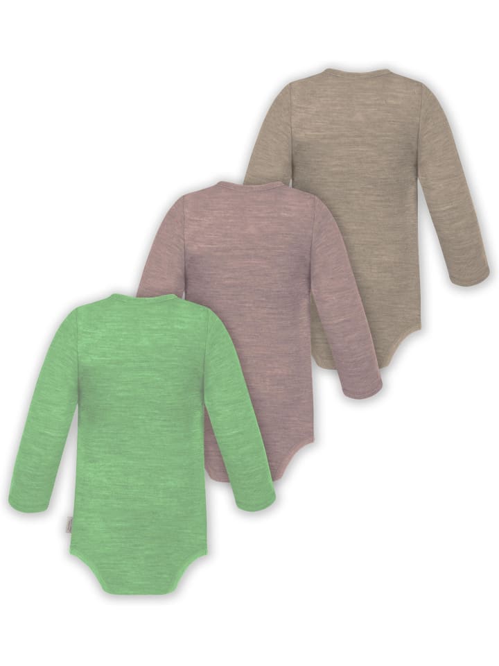 Normani Outdoor Sports Набор из 3 детских боди с длинными рукавами из мериносовой шерсти, бежевого, розового и зеленого цвета — фото 2