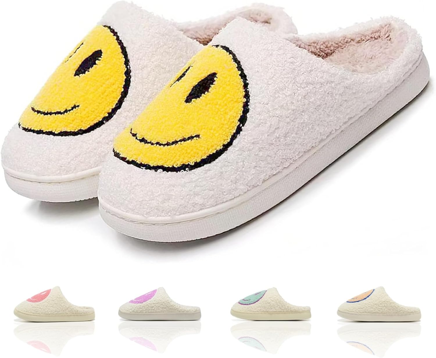 

KNUAKA милые домашние тапочки для женщин и мужчин с ортопедической подошвой, ретро с улыбающимся лицом, уютные, для дома и улицы, мягкие плюшевые shoes, желтый