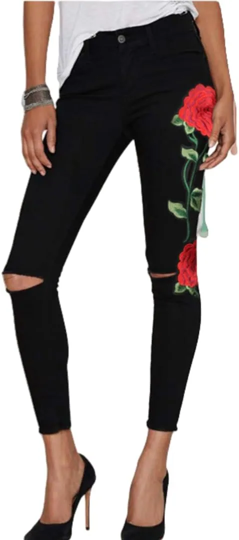 

Женские джинсы с высокой посадкой, рваные, с цветочной вышивкой, облегающие RSBFK