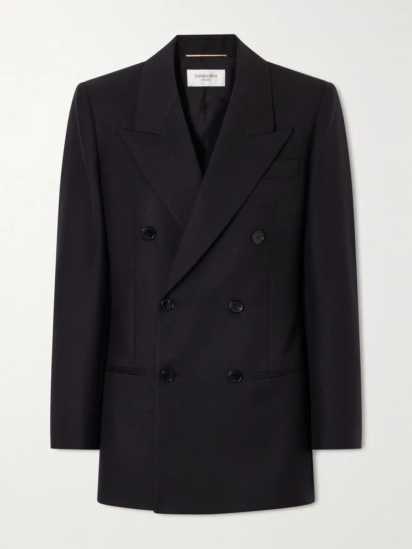 Двубортный шерстяной блейзер SAINT LAURENT, черный