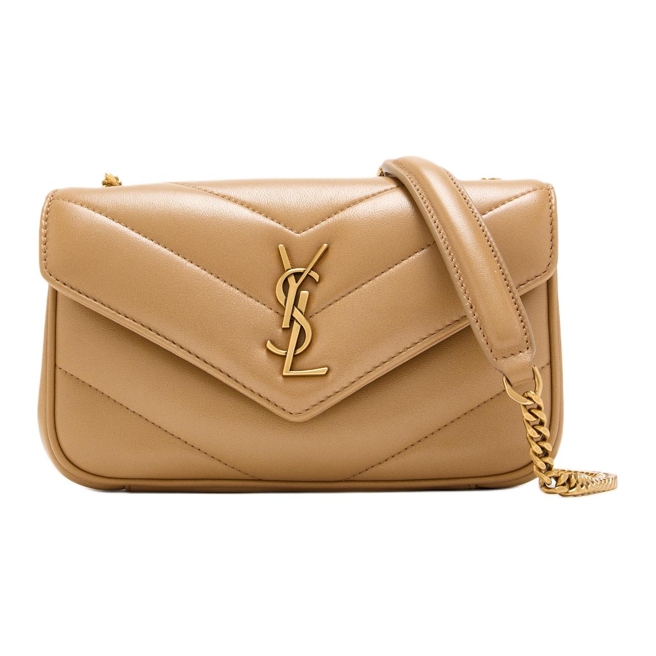 

SAINT LAURENT Кожаная мини сумка через плечо женская бежевая