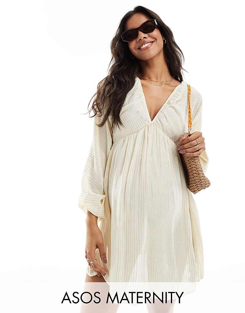 

ASOS DESIGN Maternity – Прозрачное пляжное мини-платье кремового цвета с металлизированными полосками и глубоким вырезом