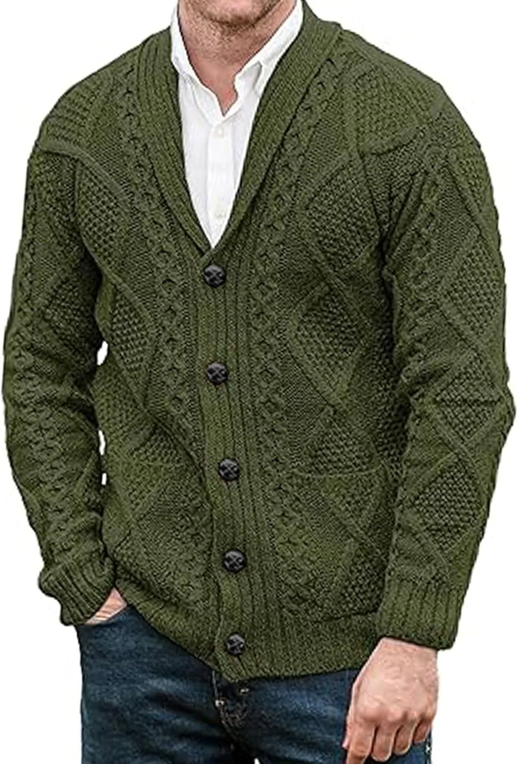 

Мужской кардиган с воротником-шалью, длинным рукавом и карманами