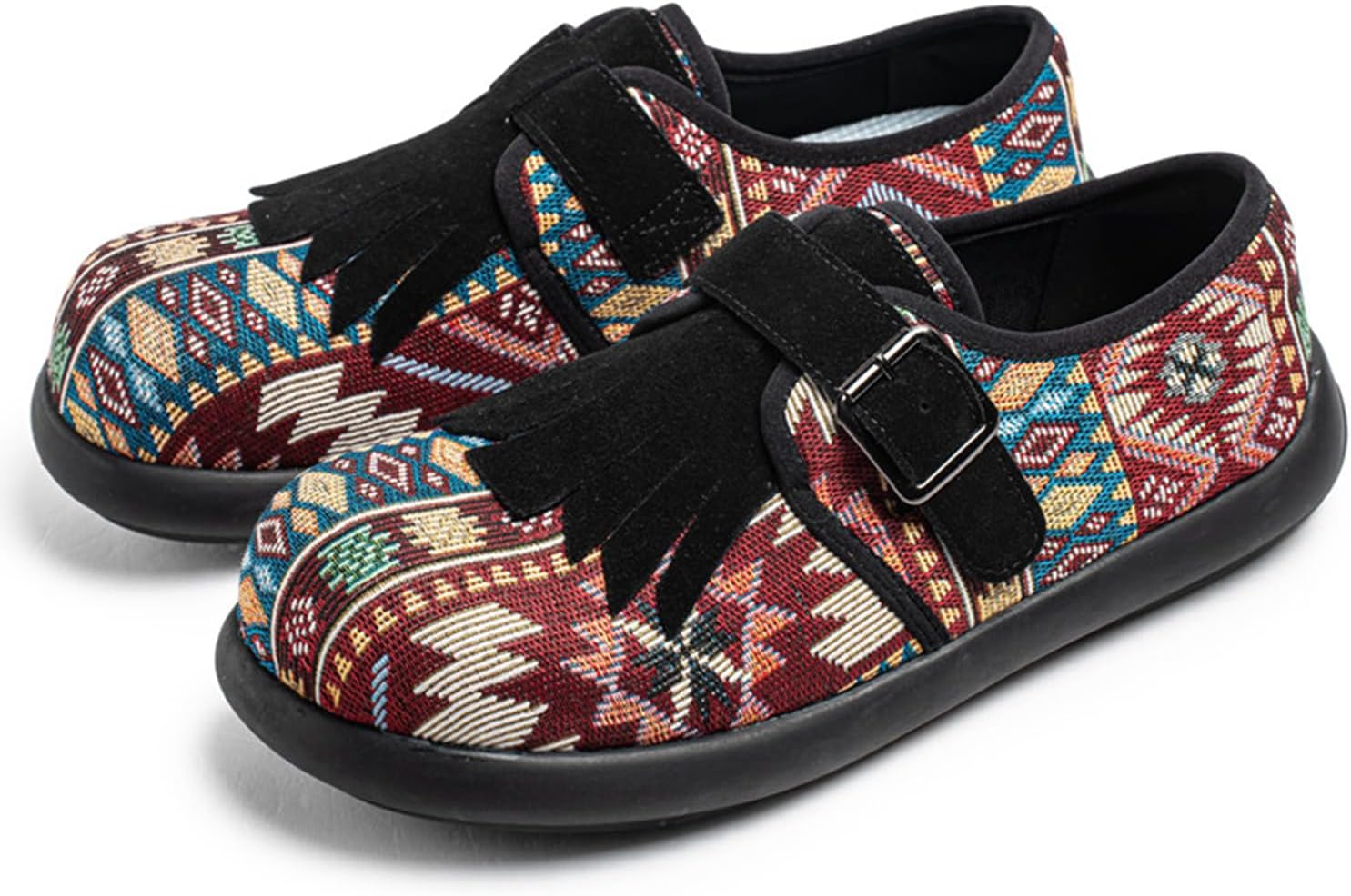 

Ретро мужские лоферы-пенни с племенным принтом, мокасины на толстой подошве, бохо стиль, текстильные с бахромой и ремешком с пряжкой, многоцветный узор, удобная обувь для ходьбы, широкая посадка Dacnakby, черный