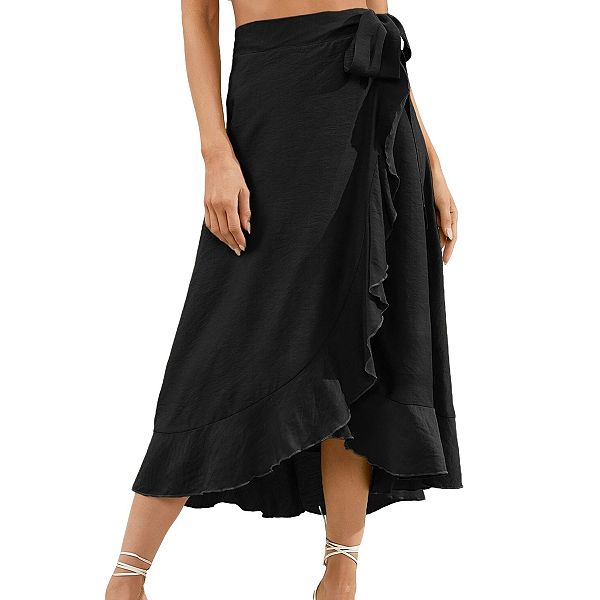 

Женская длинная юбка из шифона с запахом и асимметричным подолом Clearflower, Black