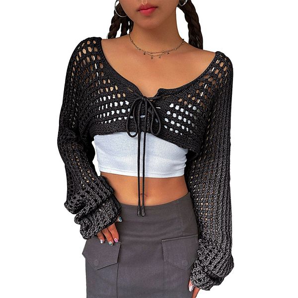 

Женский длинный кардиган с кружевной отделкой и завязкой спереди Maxxis Merch, Black