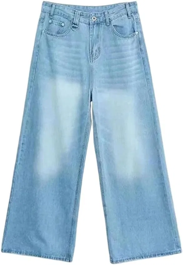 Джинсы прямые широкие, Women's Summer Baggy Jeans Vintage American Style Straight Wide-Leg Denim Pants Casual Full-Length Trousers, Light Blue