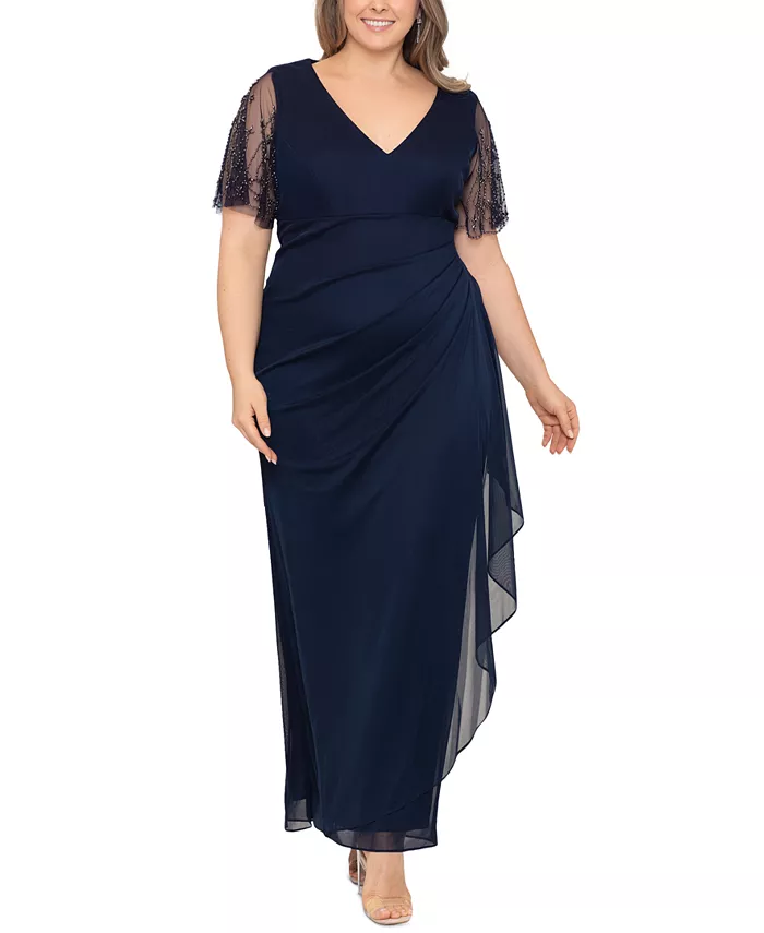 

Платье с кружевными рукавами Plus Size XSCAPE, синий