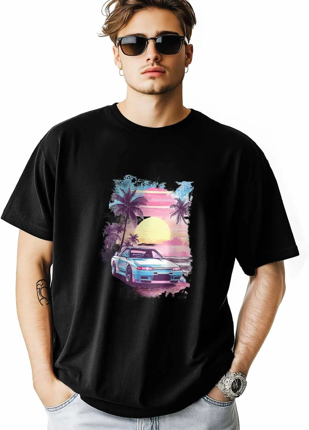 

Футболка для мужчин, Sunset Beach Car, с круглым вырезом, хлопок, короткий рукав, Coconut Tree NITBANLA