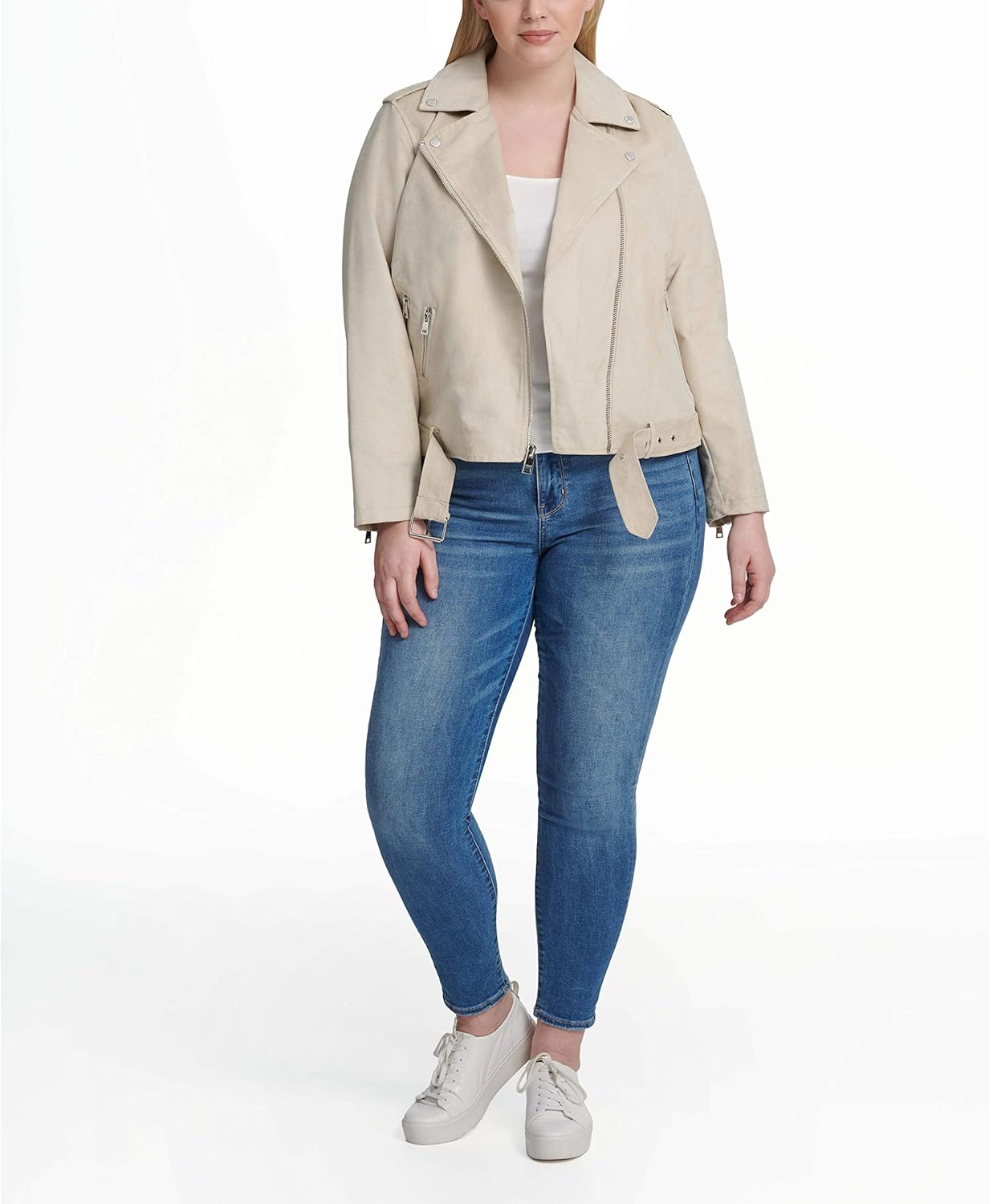Женская куртка-косуха Levi's асимметричная на молнии с поясом из искусственной замши, песочный — фото 4