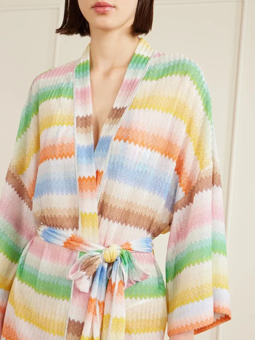 Пляжная накидка с поясом из металлической пряжи в технике кроше Missoni, мультицвет — фото 4