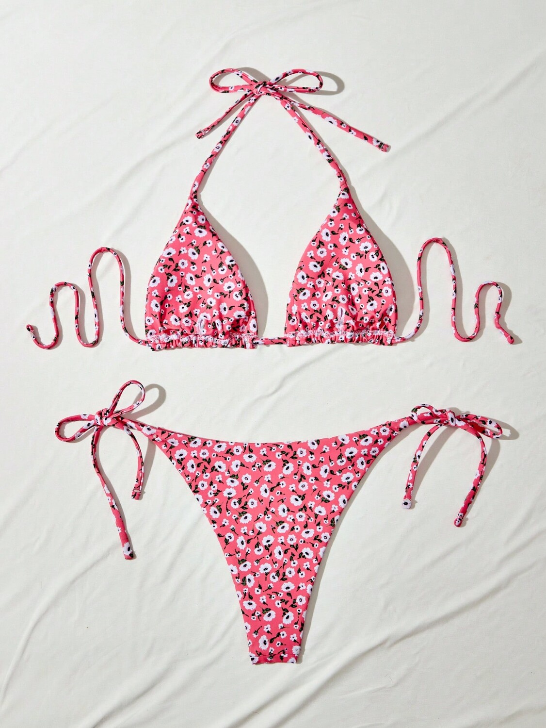 

SHEIN Swim Mod, сексуальный комплект бикини с лямкой на шее, женский летний пляжный комплект с цветочным принтом, случайный принт, розовый