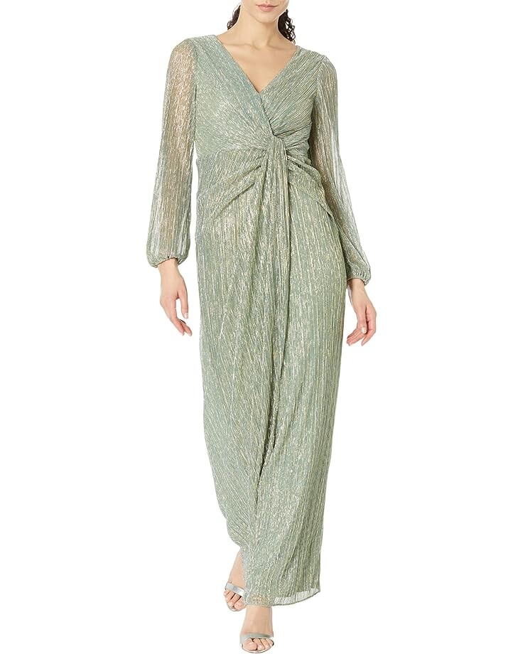 

Платье Adrianna Papell Long Sleeve Crinkle Metallic Gown with Draped Waist Detail, цвет Green Slate