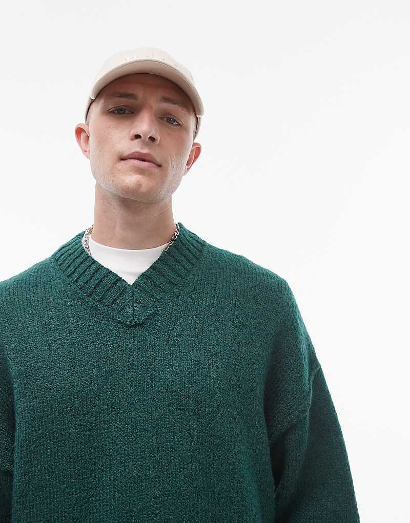 

Topman – зеленый свитер оверсайз с V-образным вырезом и декоративной строчкой