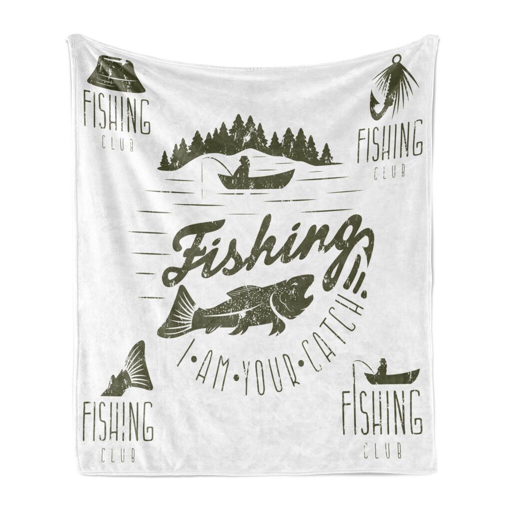 

ABAKUHAUS Fishing Theme Мягкое фланелевое флисовое одеяло, символ рыболовного клуба «Я твой улов» с рыбными деревьями и изображениями лодок, 175 x 230 см, армейский зеленый белый
