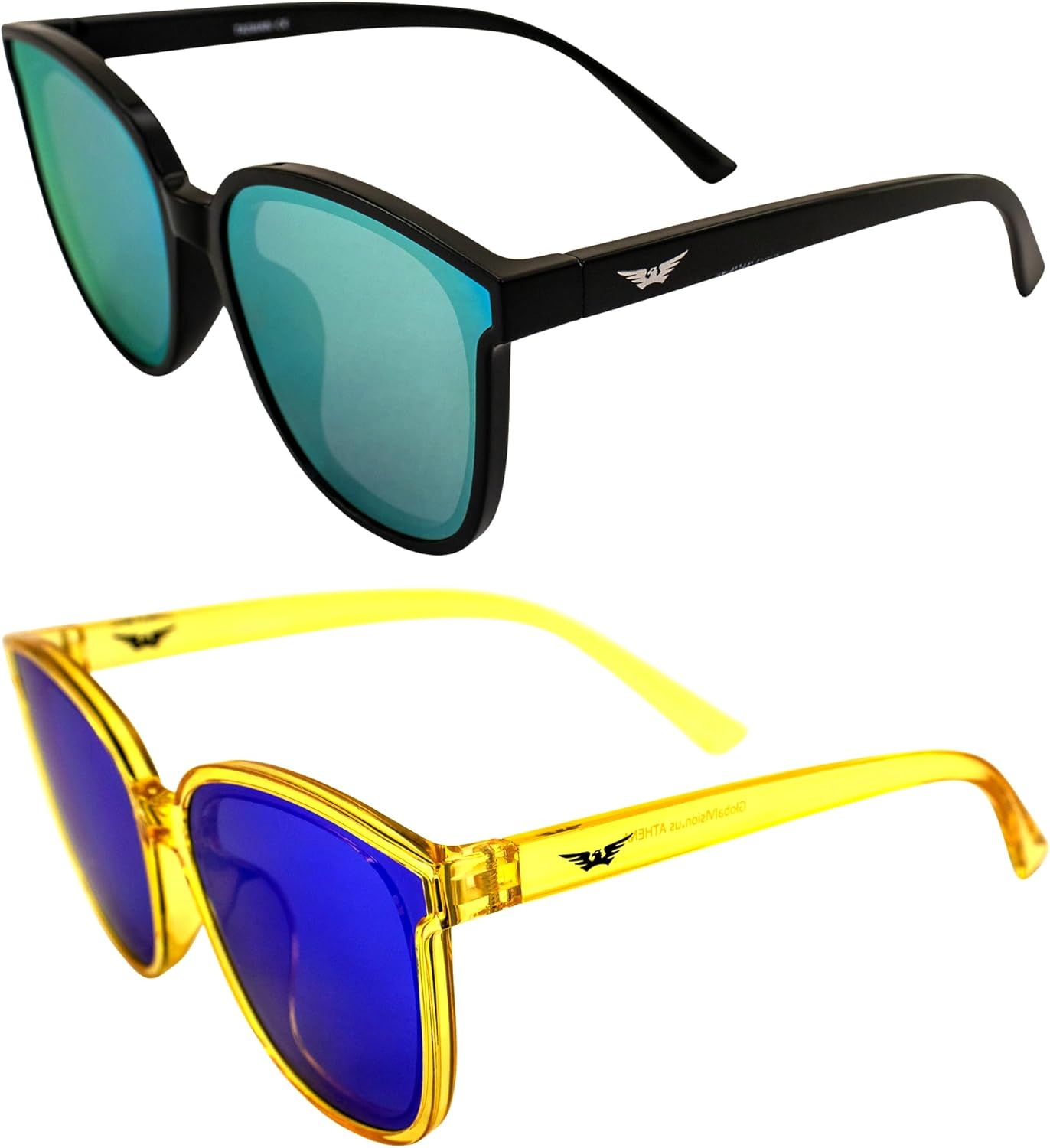 

Солнцезащитные очки Global Vision Eyewear Athena Fashion для женщин, 2 пары: черная оправа с желтыми зеркальными линзами и кристально-желтая оправа с синими зеркальными линзами, Black-yellow/Yellow-blue
