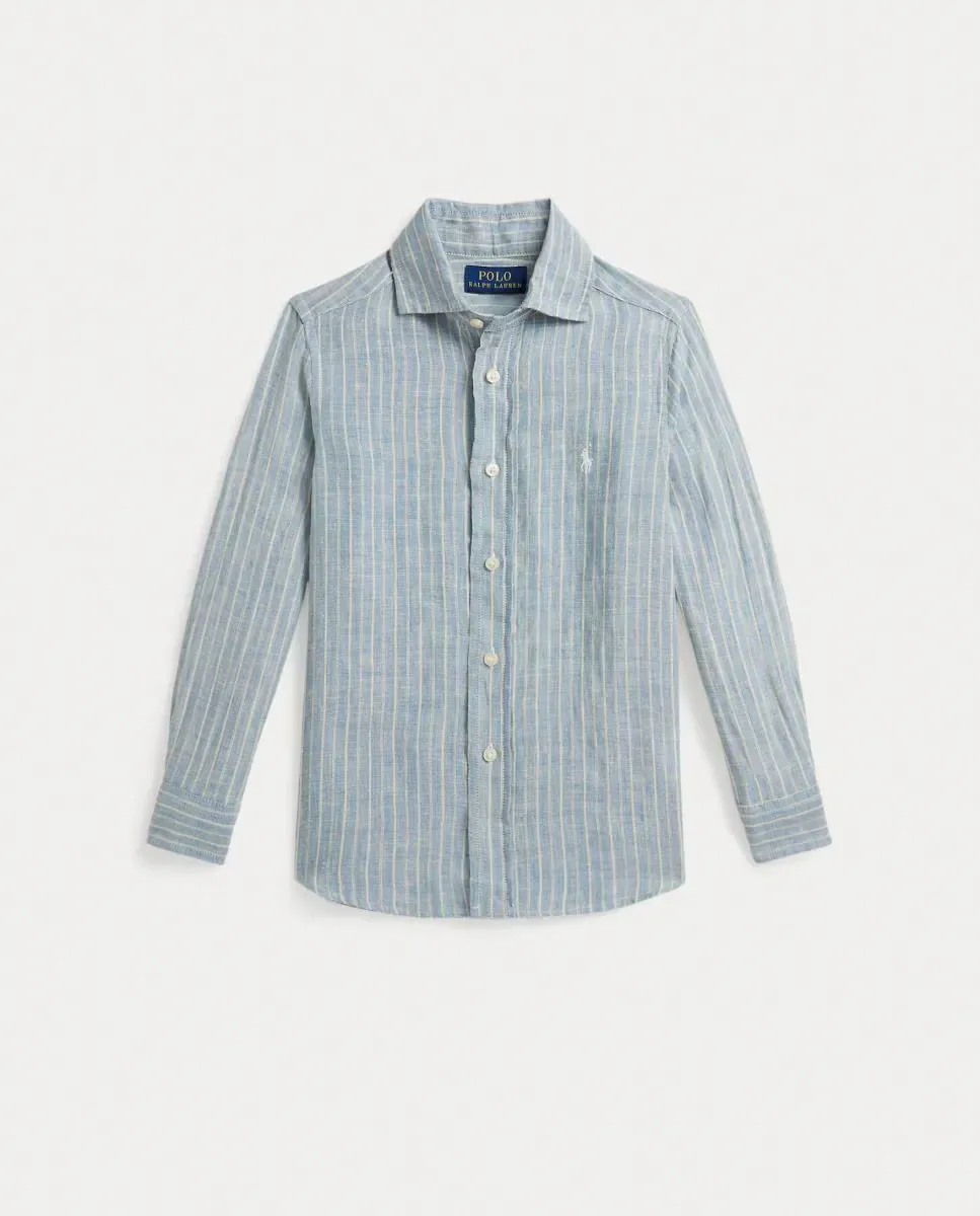 Рубашка для мальчика из льна с принтом Polo Ralph Lauren, синий/белый — фото 4