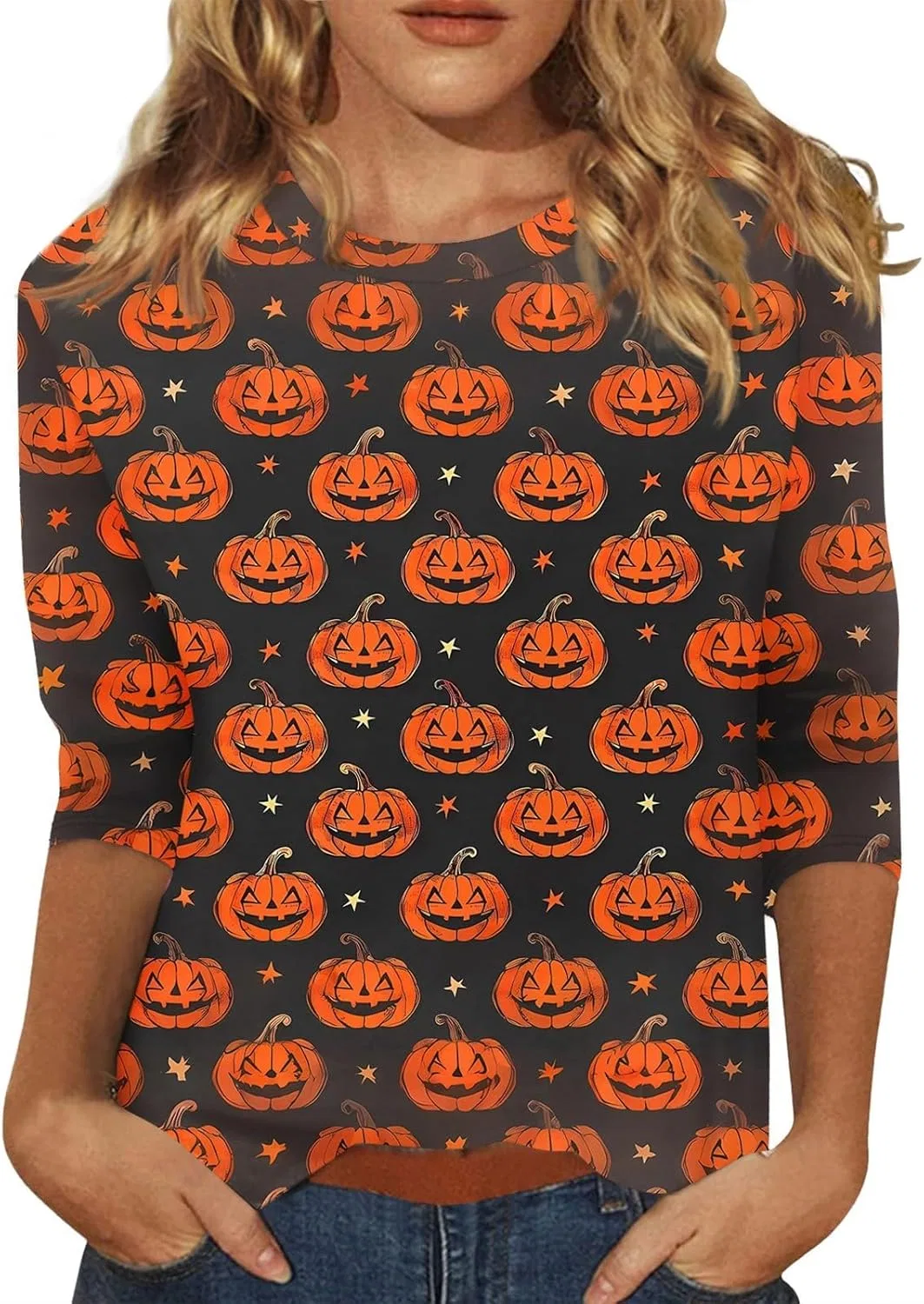 Блуза женская с принтом Halloween, 3/4 рукав, свободный крой, Saffron