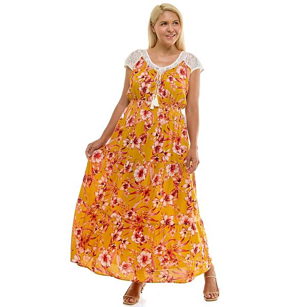 

Платье-макси с присборенной талией и ярусами из кружева Plus size Luxology, Mustard Coral Peach