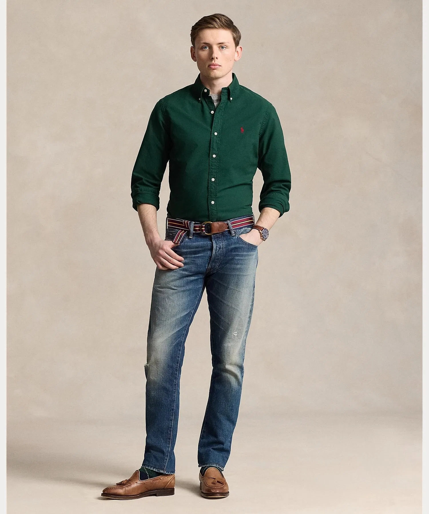 Мужская хлопковая рубашка POLO RALPH LAUREN классического кроя зелёная — фото 3