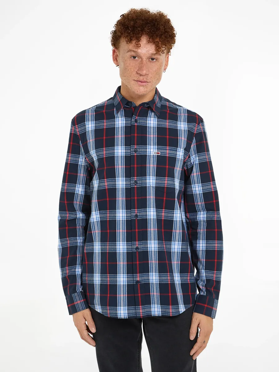 

Рубашка Tommy Jeans с длинными рукавами "TJM REG POPLIN CHECK SHIRT" с вышитым логотипом, темно-синий