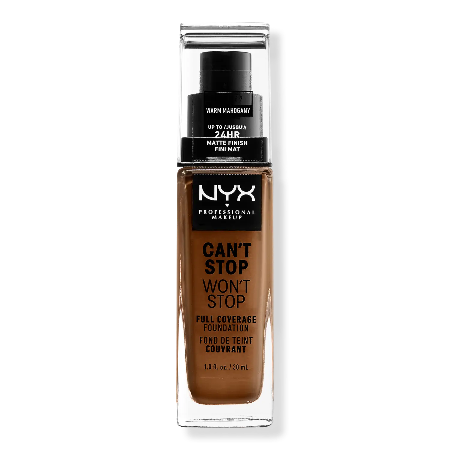 

Тональная основа Can't Stop Won't Stop с матовым покрытием, обеспечивающая полное покрытие в течение 24 часов. NYX Professional Makeup, Warm Mahogany (medium deep w/ golden warm undertone)