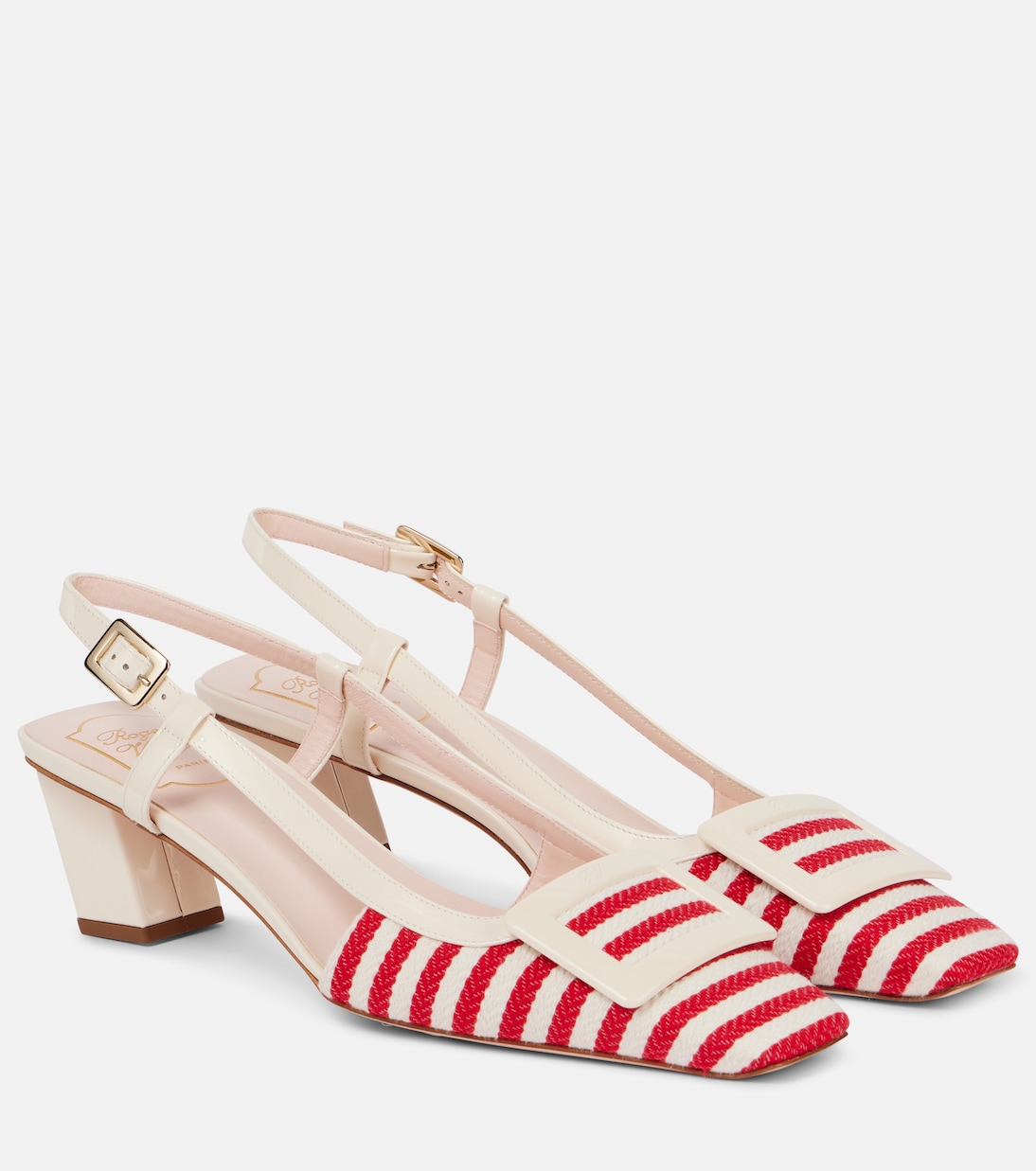 Belle Vivier 45 полосатые лодочки на шпильке с ремешком Roger Vivier, R410(Rosso Cremisi)+C019(Cirè)