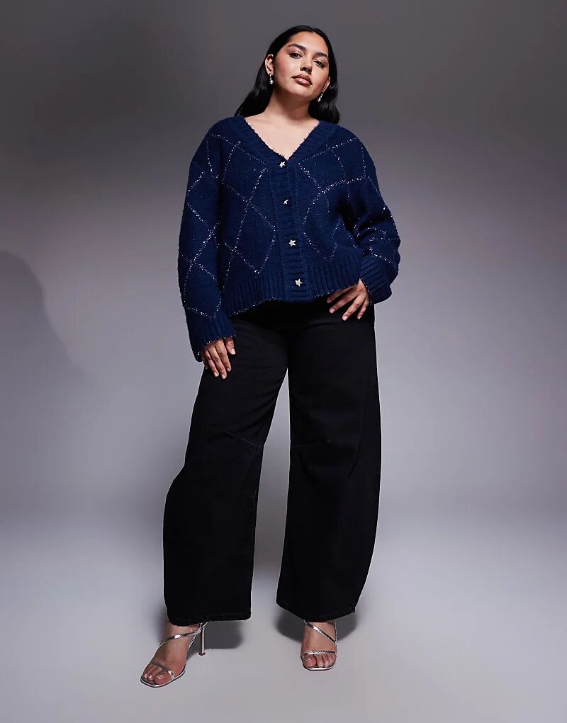 

Кардиган Renee Studio с мишурной вязкой и узором «ромбики» синего цвета