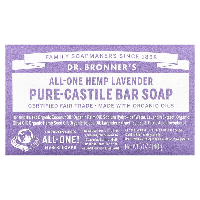 

Dr. Bronner's, Чистое кастильское мыло, конопля, лаванда, 140 г (5 унций)