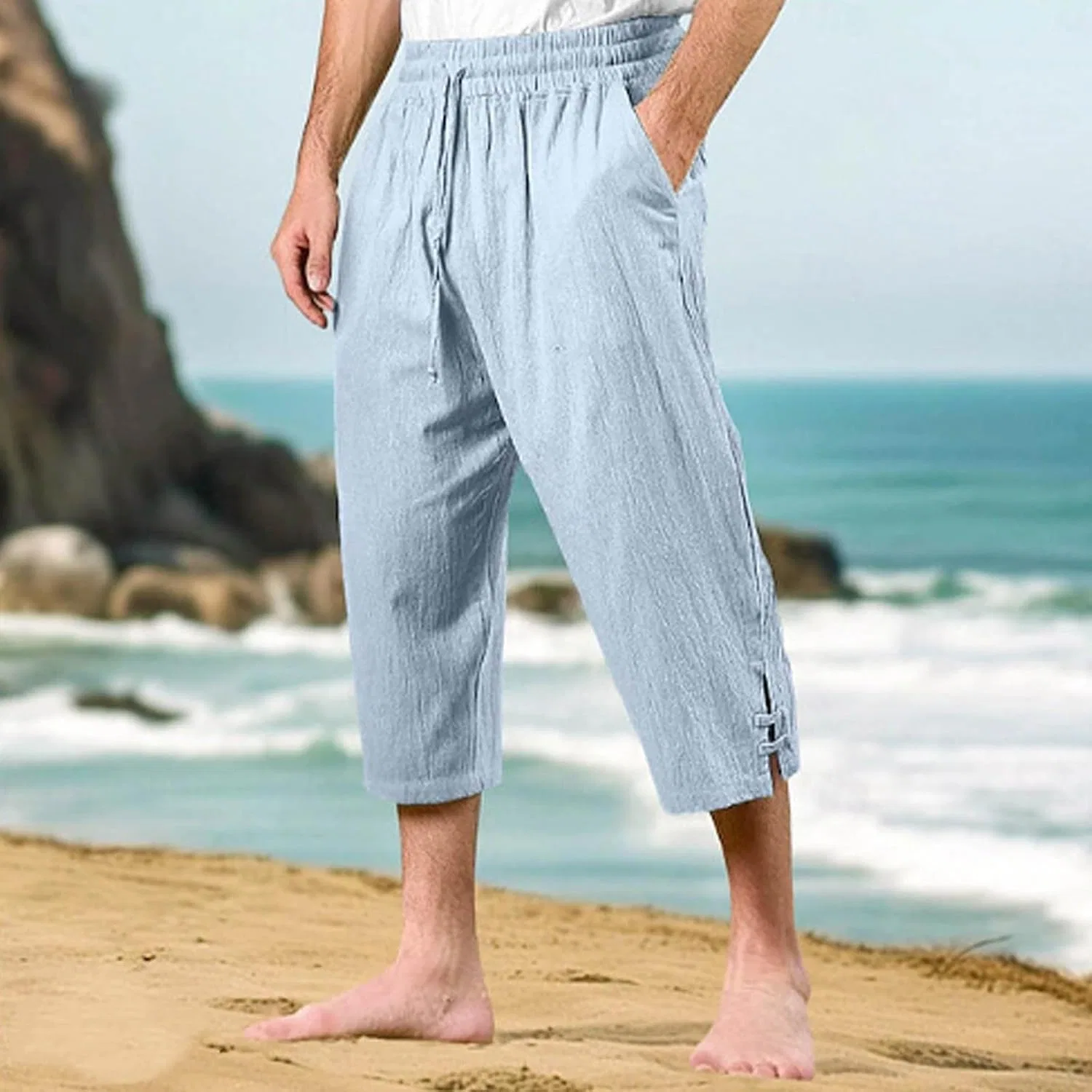 Мужские капри из льна и хлопка, свободный крой, Light Blue — фото 2