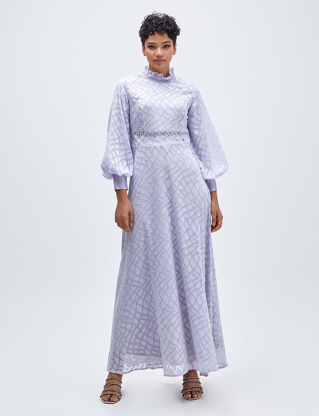 

Платье с объемными рукавами и абстрактным узором Сиреневое Kayra