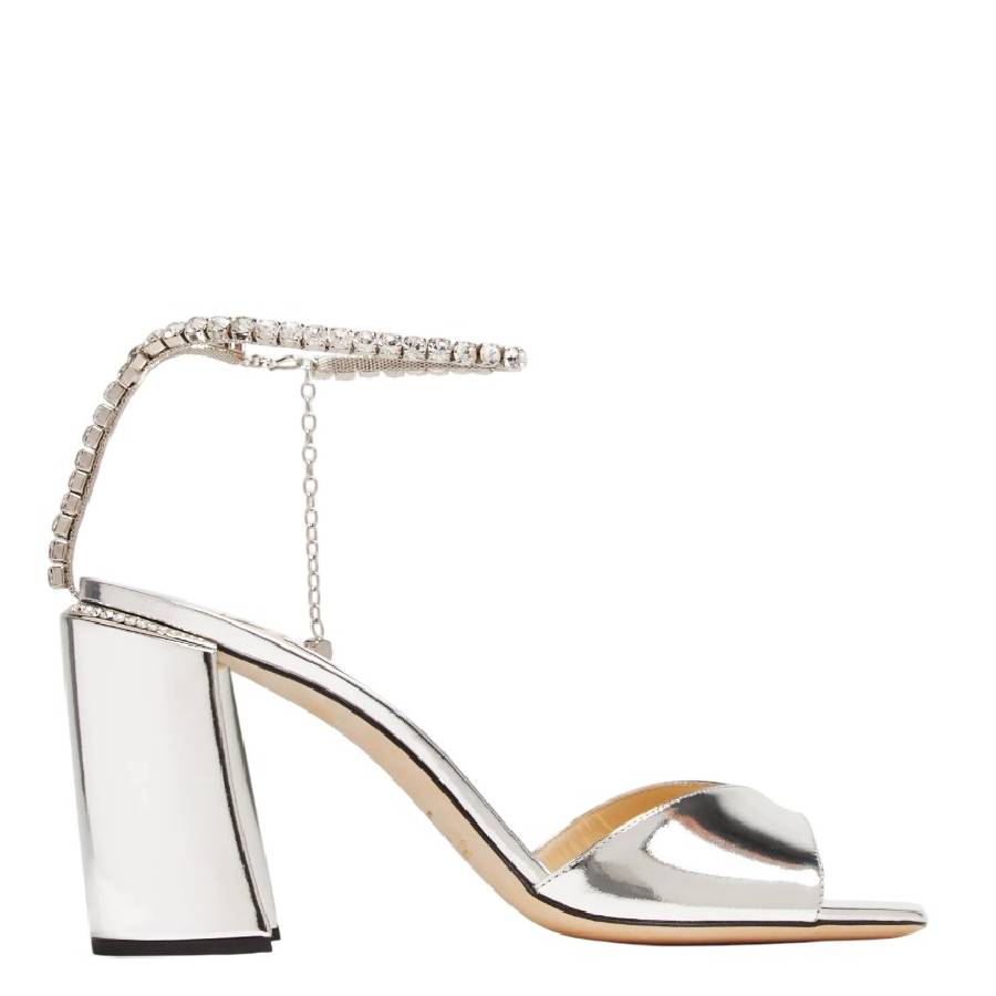 Джимми Чу Saeda 85 Кристальные металлические кожаные сандалии Jimmy Choo, серебряный