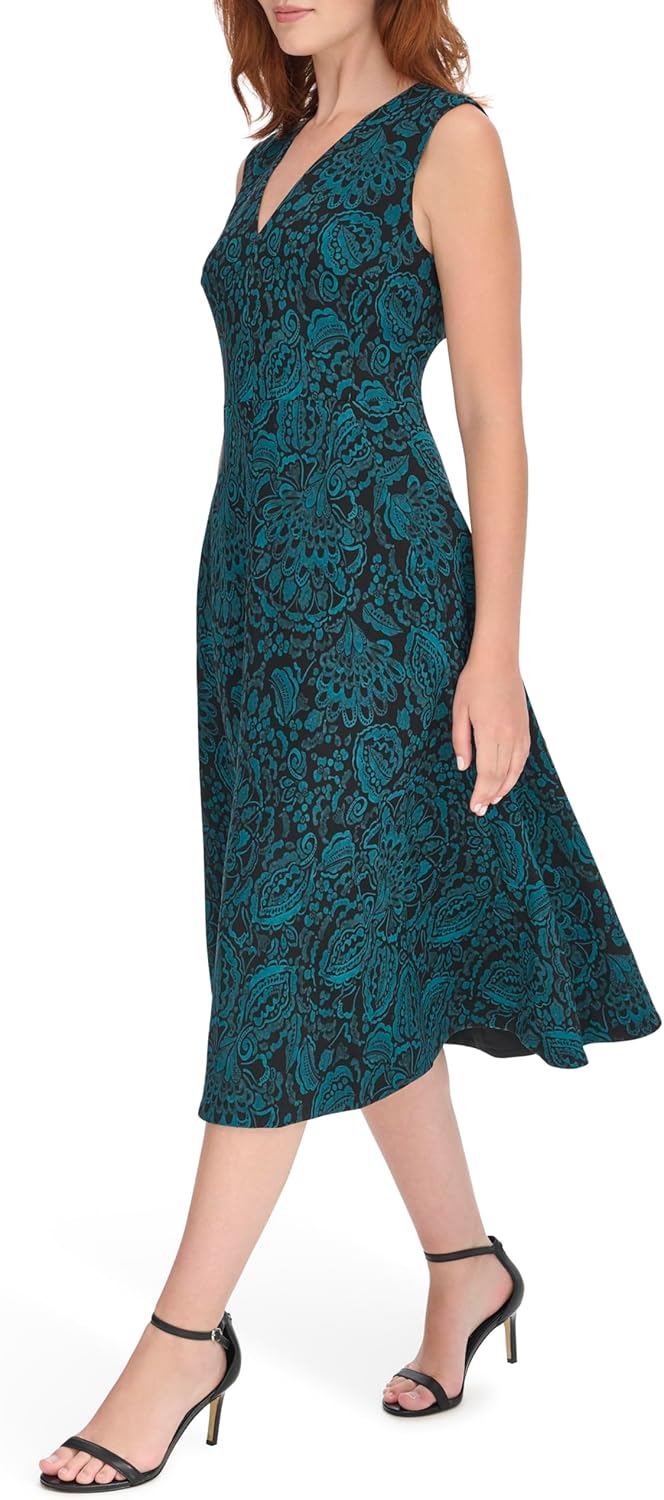 

Женское платье миди Tommy Hilfiger без рукавов с V-образным вырезом и расклешенной юбкой, Black/Cypress