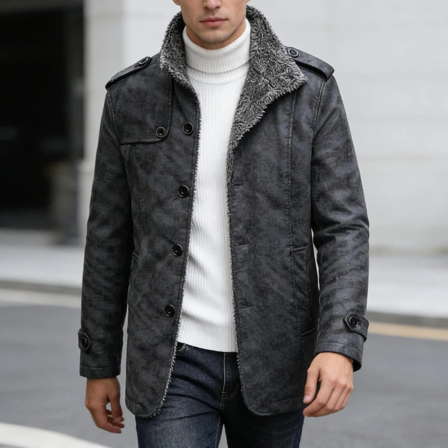 Мужская куртка Faux Leather Oversized Motorcycle со стоячим воротником и подкладкой Sherpa для зимы Generic, серый — фото 3