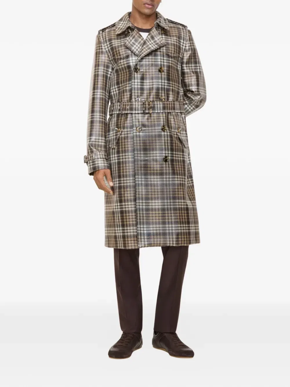 Тренч Burberry Длинный двубортный с клетчатым эффектом рафии, коричневый — фото 2