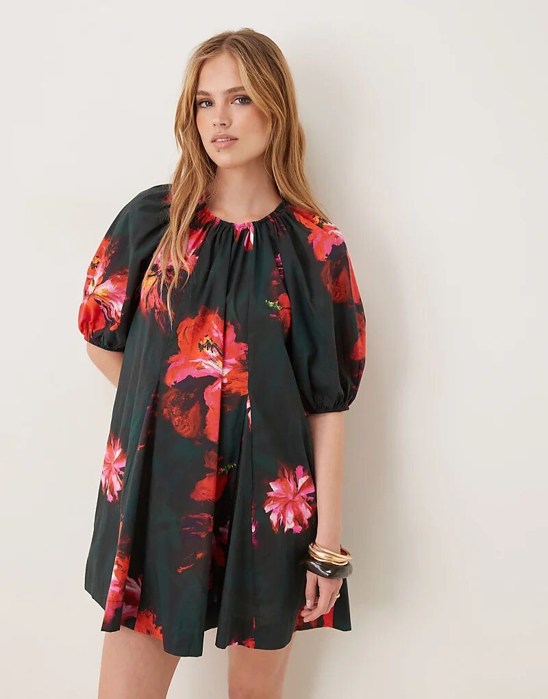 

Мини-платье из хлопкового поплина ASOS DESIGN с рукавами-фонариками и красным цветочным принтом