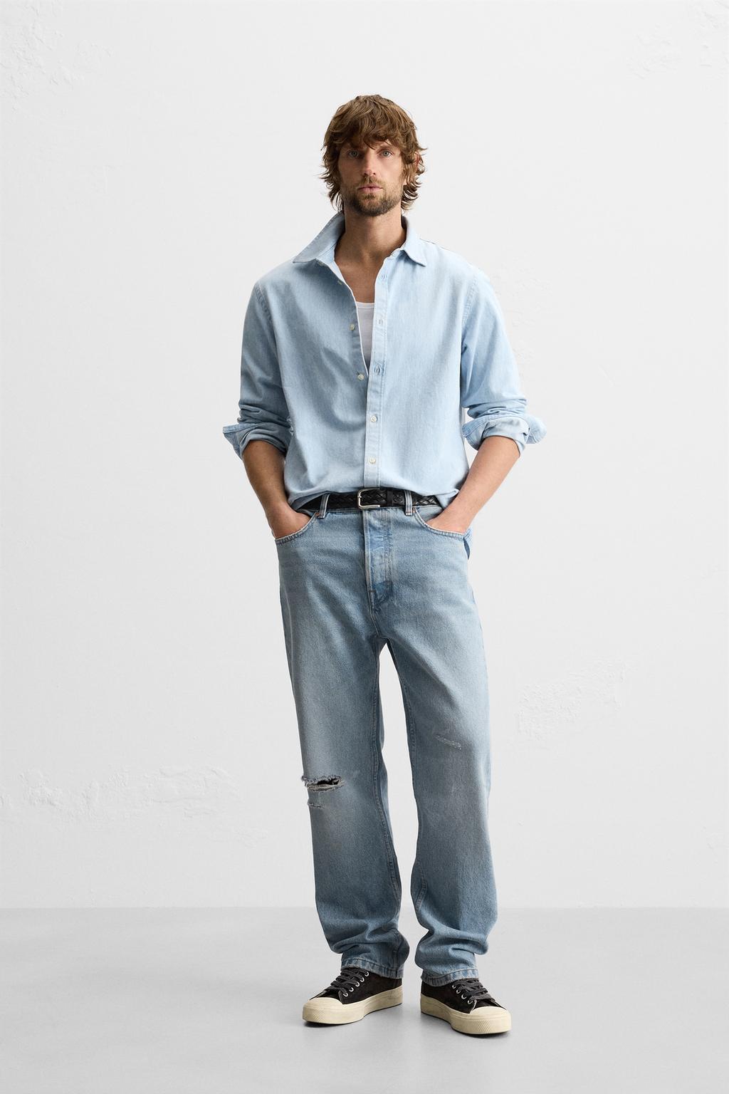 

Застиранная джинсовая рубашка ZARA, светло-синий