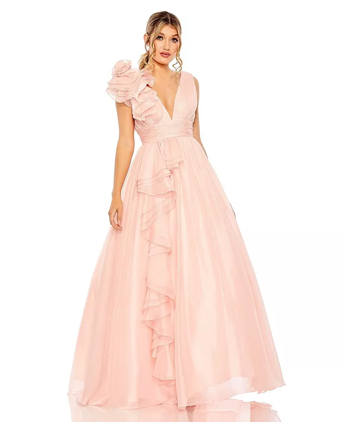 

Женское платье из шифона с V-образным вырезом и рюшами на плечах Mac Duggal, розовый
