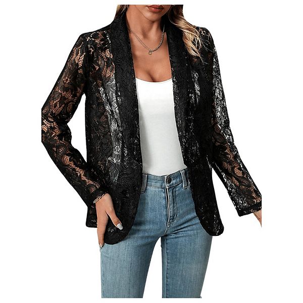 

Женский кардиган с открытой передней частью, длинным рукавом и цветочным кружевным узором Yesfashion, Black