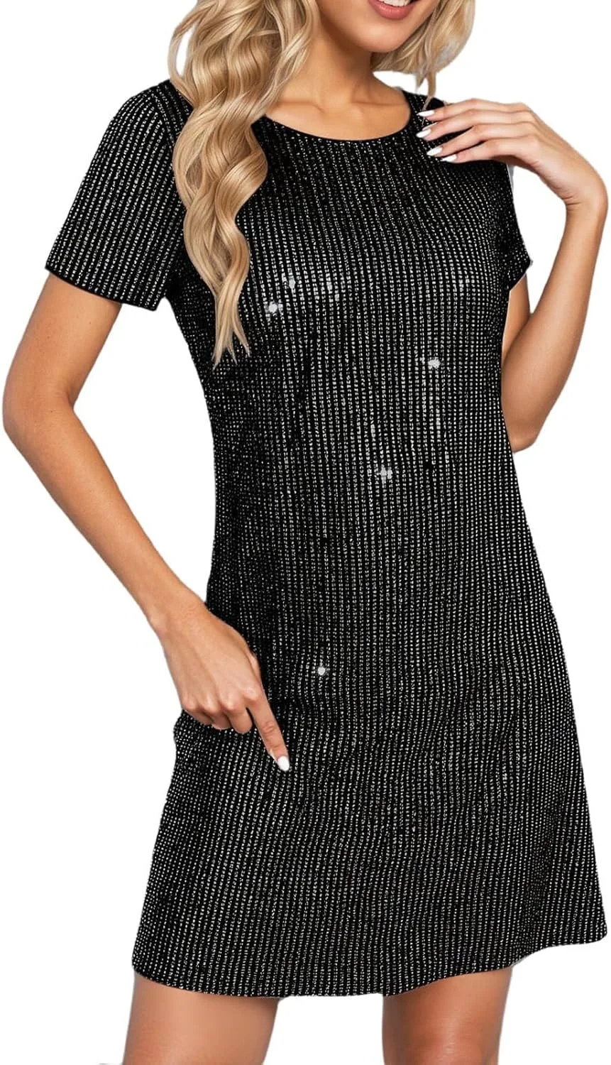 Generic Платье Sequin для женщин с круглым вырезом, коротким рукавом и поясом, блестящее вечернее мини