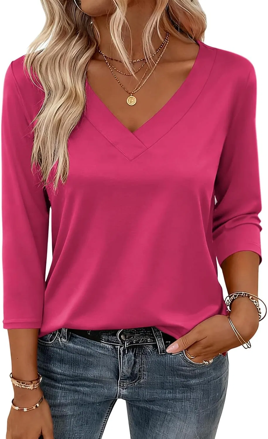 Футболка с V-образным вырезом и 3/4 рукавом, Hot Pink