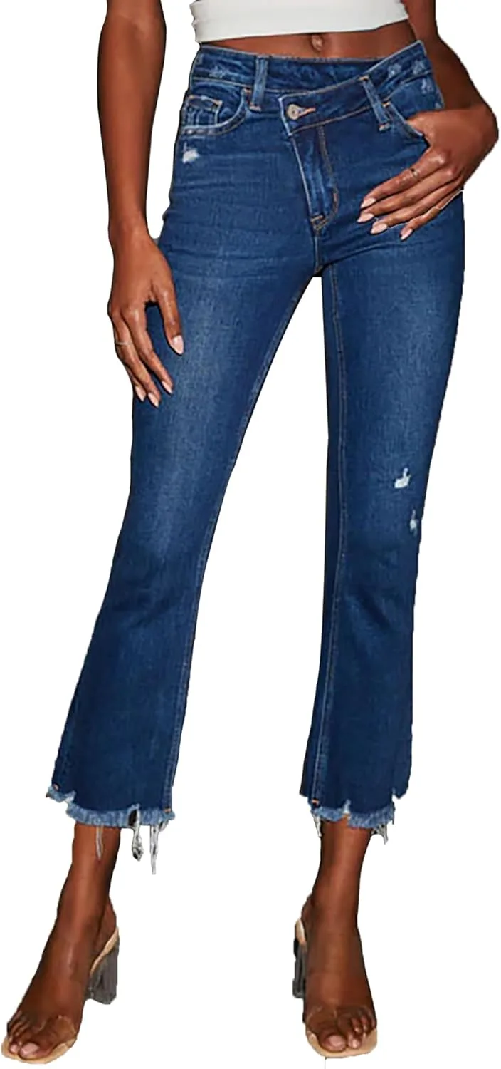 

Женские рваные джинсы-клеш High Waisted Stretchy Raw Hem Cropped Wide Leg TACSTRUN