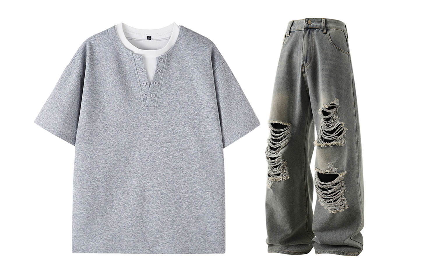 

Повседневный спортивный свитер с круглой горловиной Unisex Moderate X1617, heather серый short-sleeved+vintage синий ripped jeans