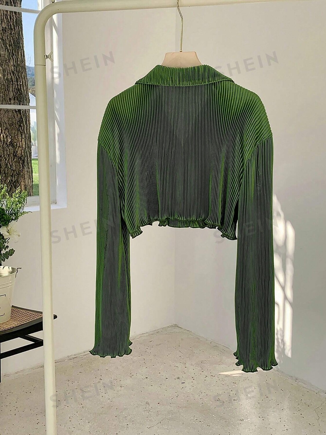 

EZwear Рубашка больших размеров Женская летняя отпускная жатая текстурированная укороченная Рубашка с длинными рукавами зеленая Shein, зеленый