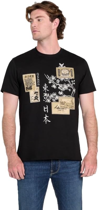 

Мужская футболка GUESS Eco с коротким рукавом и японскими штампами, Jet Black