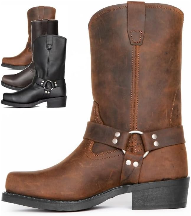 

Мужские вестерн-бутсы HuayoRong средней высоты, классические ботинки с ремешком на щиколотку и квадратным носком, верх из PU-кожи для повседневной носки, коричневый